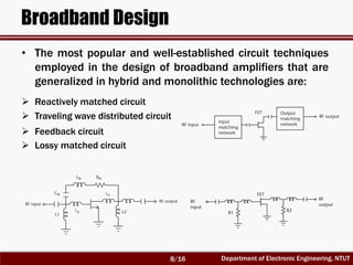 Department of Electronic Engineering, NTUT
Broadband Design
• The most popular and well-established circuit techniques
employed in the design of broadband amplifiers that are
generalized in hybrid and monolithic technologies are:
 Reactively matched circuit
 Traveling wave distributed circuit
 Feedback circuit
 Lossy matched circuit
8/16
 
