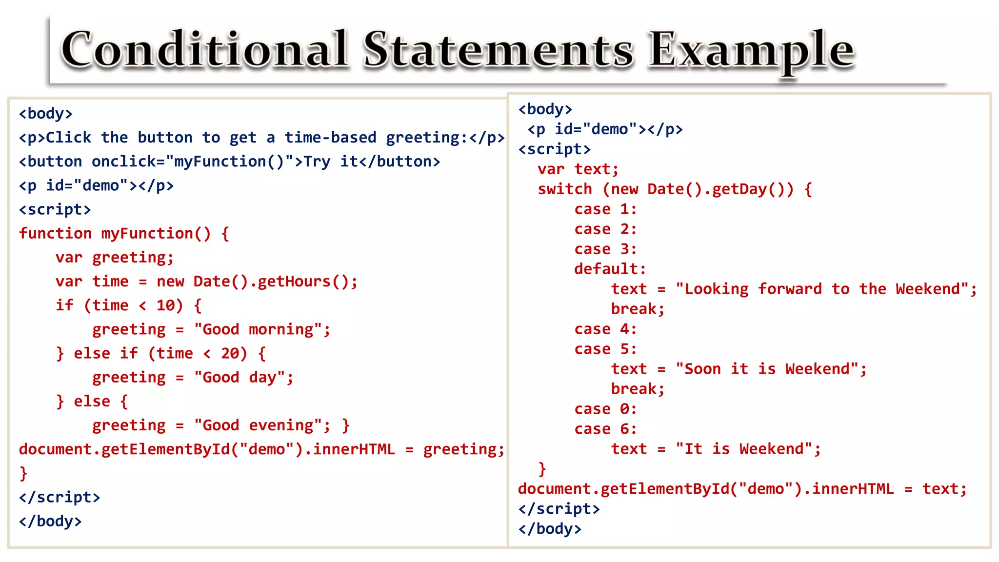 <body>
<p>Click the button to get a time-based greeting:</p>
<button onclick="myFunction()">Try it</button>
<p id="demo"></p>
<script>
function myFunction() {
var greeting;
var time = new Date().getHours();
if (time < 10) {
greeting = "Good morning";
} else if (time < 20) {
greeting = "Good day";
} else {
greeting = "Good evening"; }
document.getElementById("demo").innerHTML = greeting;
}
</script>
</body>
<body>
<p id="demo"></p>
<script>
var text;
switch (new Date().getDay()) {
case 1:
case 2:
case 3:
default:
text = "Looking forward to the Weekend";
break;
case 4:
case 5:
text = "Soon it is Weekend";
break;
case 0:
case 6:
text = "It is Weekend";
}
document.getElementById("demo").innerHTML = text;
</script>
</body>
 