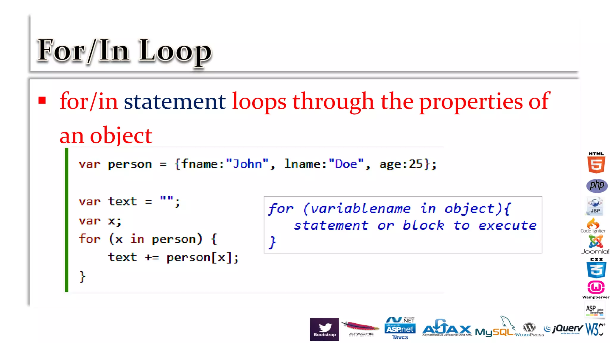  for/in statement loops through the properties of
an object
 