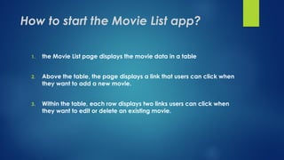 How to start the Movie List app?
1. the Movie List page displays the movie data in a table
2. Above the table, the page displays a link that users can click when
they want to add a new movie.
3. Within the table, each row displays two links users can click when
they want to edit or delete an existing movie.
 