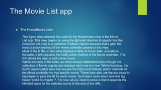 The Movie List app
 The Home/Index view
This figure also presents the code for the Home/Index view of the Movie
List app. This view begins by using the @model directive to specify that the
model for this view is a collection of Movie objects because that’s what the
Index() action method of the Home controller passes to this view.
Most of the HTML in this view displays a table of movie data. Just above
the table, a link requests the Add() action method of the Movie controller. This
link allows the user to add a new movie.
Within the body of the table, an inline foreach statement loops through the
collection of Movie objects and displays each one in a row. Within that loop, the
fourth column adds links that request the Edit() and Delete() action methods of
the Movie controller for that specific movie. These links also use the asp-route-id
tag helper to pass the ID for each movie. You’ll learn more about how this tag
helper works in chapter 7. For now, all you need to know is that it appends the
MovieId value for the selected movie to the end of the URL.
 