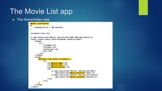 The Movie List app
 The Home/Index view
 