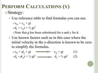 PERFORM CALCULATIONS (Y)
Strategy:
 Use reference table to find formulas you can use.
vfy = viy + gt
dy = viyt + ½ gt2
Note that g has been substituted for a and y for d.
 Use known factors such as in this case where the
initial velocity in the y-direction is known to be zero
to simplify the formulas.
vfy = viy + gt vfy = gt (1)
dy = viyt + ½ gt2 dy = ½ gt2 (2)
 