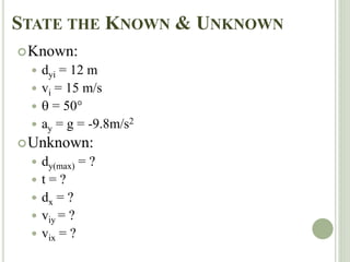 STATE THE KNOWN & UNKNOWN
Known:
 dyi = 12 m
 vi = 15 m/s
  = 50°
 ay = g = -9.8m/s2
Unknown:
 dy(max) = ?
 t = ?
 dx = ?
 viy = ?
 vix = ?
 
