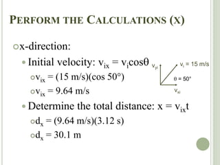 PERFORM THE CALCULATIONS (X)
x-direction:
 Initial velocity: vix = vicos
vix = (15 m/s)(cos 50°)
vix = 9.64 m/s
 Determine the total distance: x = vixt
dx = (9.64 m/s)(3.12 s)
dx = 30.1 m
vi = 15 m/s
vxi
vyi
 = 50°
 