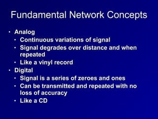 Fundamental Network Concepts
• Analog


• Continuous variations of signal


• Signal degrades over distance and when
repeated


• Like a vinyl record


• Digital


• Signal is a series of zeroes and ones


• Can be transmitted and repeated with no
loss of accuracy


• Like a CD
 