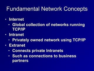 Fundamental Network Concepts
• Internet


• Global collection of networks running
TCP/IP


• Intranet


• Privately owned network using TCP/IP


• Extranet


• Connects private Intranets


• Such as connections to business
partners
 