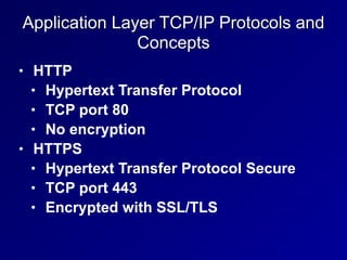 Application Layer TCP/IP Protocols and
Concepts
• HTTP


• Hypertext Transfer Protocol


• TCP port 80


• No encryption


• HTTPS


• Hypertext Transfer Protocol Secure


• TCP port 443


• Encrypted with SSL/TLS
 