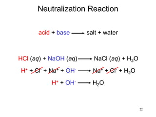22
Neutralization Reaction
acid + base salt + water
HCl (aq) + NaOH (aq) NaCl (aq) + H2O
H+ + Cl- + Na+ + OH- Na+ + Cl- + H2O
H+ + OH- H2O
 