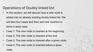 Operations of Doubly linked list
24
• In this section, we will discuss how a new node is
added into an already existing doubly linked list. We
will take four cases and then see how insertion is
done in each case.
• Case 1: The new node is inserted at the beginning.
• Case 2: The new node is inserted at the end.
• Case 3: The new node is inserted after a given node.
• Case 4: The new node is inserted before a given
node.
 