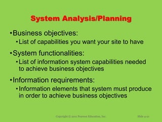 System Analysis/Planning
•Business objectives:
•List of capabilities you want your site to have
•System functionalities:
•...