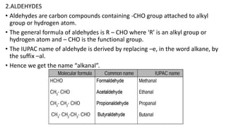 2.ALDEHYDES
• Aldehydes are carbon compounds containing -CHO group attached to alkyl
group or hydrogen atom.
• The general formula of aldehydes is R – CHO where ‘R’ is an alkyl group or
hydrogen atom and – CHO is the functional group.
• The IUPAC name of aldehyde is derived by replacing –e, in the word alkane, by
the suffix –al.
• Hence we get the name “alkanal”.
 