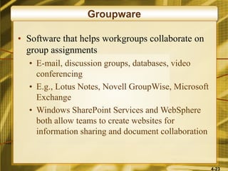 4-23
Groupware
• Software that helps workgroups collaborate on
group assignments
• E-mail, discussion groups, databases, video
conferencing
• E.g., Lotus Notes, Novell GroupWise, Microsoft
Exchange
• Windows SharePoint Services and WebSphere
both allow teams to create websites for
information sharing and document collaboration
 