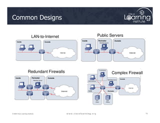 Common Designs
LAN-to-Internet Public Servers
74
74
74
© 2009 Cisco Learning Institute.
Redundant Firewalls Complex Firewall
 