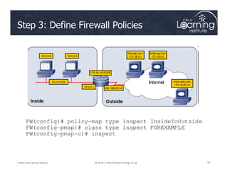 Step 3: Define Firewall Policies
82
82
82
© 2009 Cisco Learning Institute.
FW(config)# policy-map type inspect InsideToOutside
FW(config-pmap)# class type inspect FOREXAMPLE
FW(config-pmap-c)# inspect
 