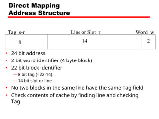 Direct Mapping
Address Structure
Tag s-r Line or Slot r Word w
8 14 2
• 24 bit address
• 2 bit word identifier (4 byte block)
• 22 bit block identifier
—8 bit tag (=22-14)
—14 bit slot or line
• No two blocks in the same line have the same Tag field
• Check contents of cache by finding line and checking
Tag
 