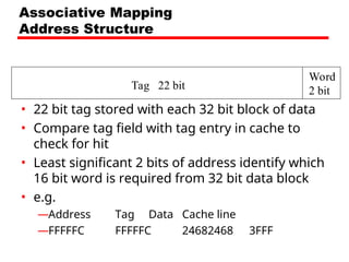 Tag 22 bit
Word
2 bit
Associative Mapping
Address Structure
• 22 bit tag stored with each 32 bit block of data
• Compare tag field with tag entry in cache to
check for hit
• Least significant 2 bits of address identify which
16 bit word is required from 32 bit data block
• e.g.
—Address Tag Data Cache line
—FFFFFC FFFFFC 24682468 3FFF
 