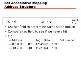 Set Associative Mapping
Address Structure
• Use set field to determine cache set to look in
• Compare tag field to see if we have a hit
• e.g
—Address Tag Data Set number
—1FF 7FFC 1FF 12345678 1FFF
—001 7FFC 001 11223344 1FFF
Tag 9 bit Set 13 bit
Word
2 bit
 
