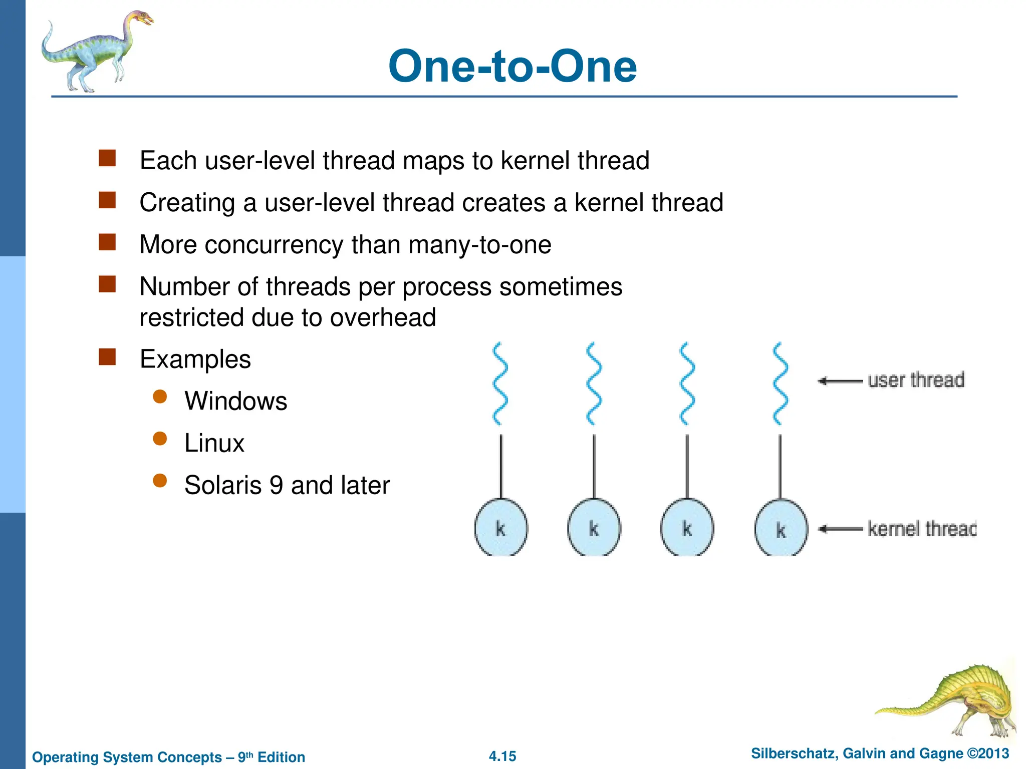 4.15 Silberschatz, Galvin and Gagne ©2013
Operating System Concepts – 9th
Edition
One-to-One
 Each user-level thread maps to kernel thread
 Creating a user-level thread creates a kernel thread
 More concurrency than many-to-one
 Number of threads per process sometimes
restricted due to overhead
 Examples
 Windows
 Linux
 Solaris 9 and later
 