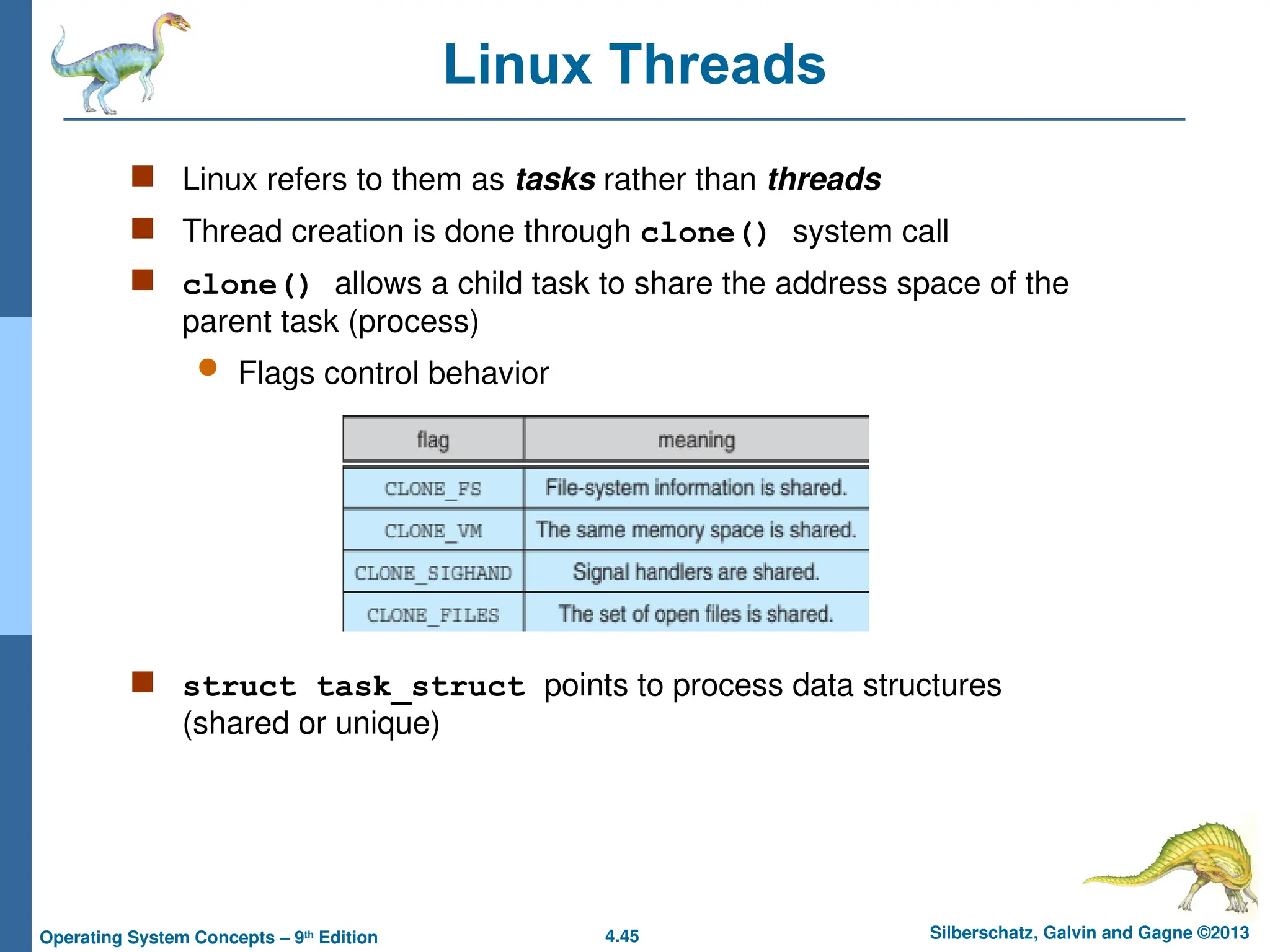 4.45 Silberschatz, Galvin and Gagne ©2013
Operating System Concepts – 9th
Edition
Linux Threads
 Linux refers to them as tasks rather than threads
 Thread creation is done through clone() system call
 clone() allows a child task to share the address space of the
parent task (process)
 Flags control behavior
 struct task_struct points to process data structures
(shared or unique)
 