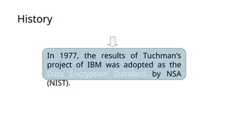 History
In 1977, the results of Tuchman’s
project of IBM was adopted as the
Data Encryption Standard by NSA
(NIST).
 