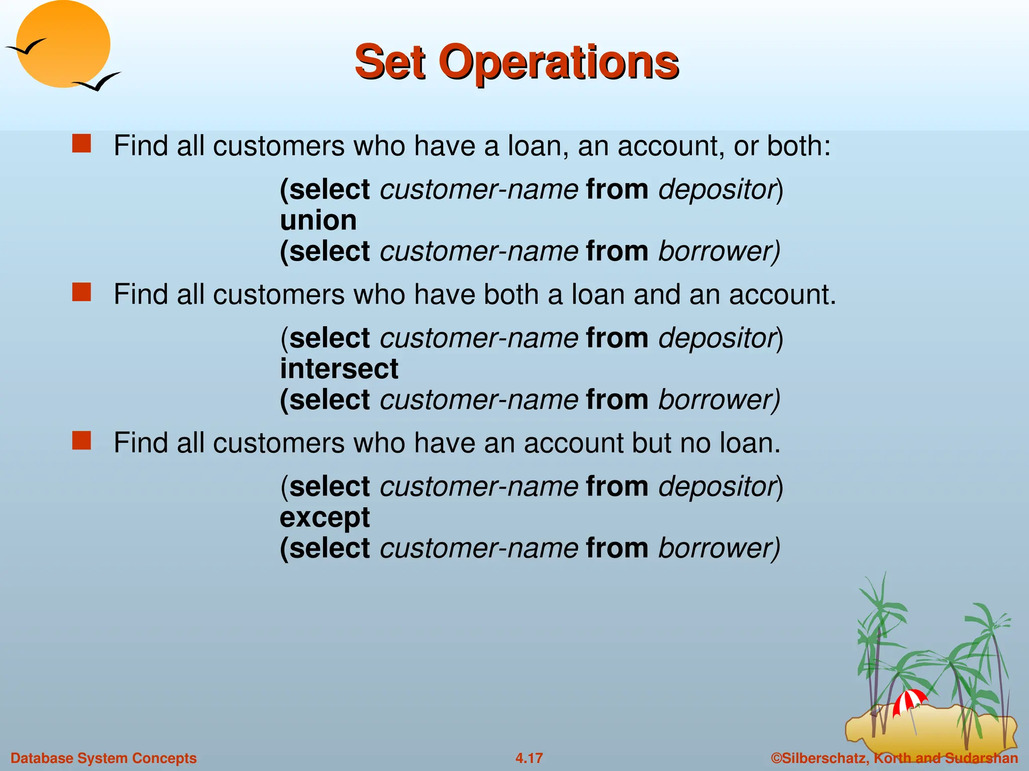 ©Silberschatz, Korth and Sudarshan
4.17
Database System Concepts
Set Operations
Set Operations
 Find all customers who have a loan, an account, or both:
(select customer-name from depositor)
union
(select customer-name from borrower)
 Find all customers who have both a loan and an account.
(select customer-name from depositor)
intersect
(select customer-name from borrower)
 Find all customers who have an account but no loan.
(select customer-name from depositor)
except
(select customer-name from borrower)
 