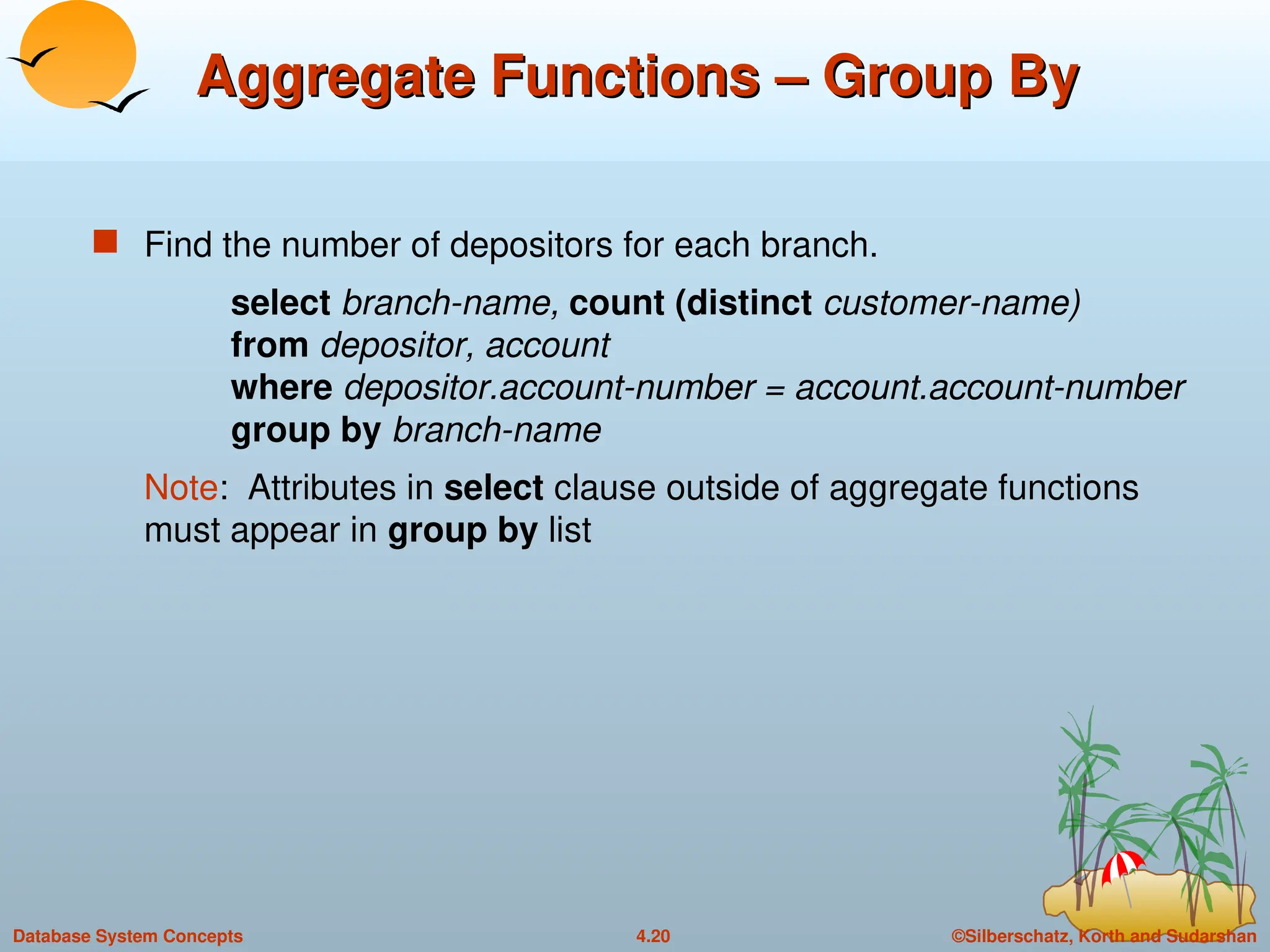 ©Silberschatz, Korth and Sudarshan
4.20
Database System Concepts
Aggregate Functions – Group By
Aggregate Functions – Group By
 Find the number of depositors for each branch.
select branch-name, count (distinct customer-name)
from depositor, account
where depositor.account-number = account.account-number
group by branch-name
Note: Attributes in select clause outside of aggregate functions
must appear in group by list
 