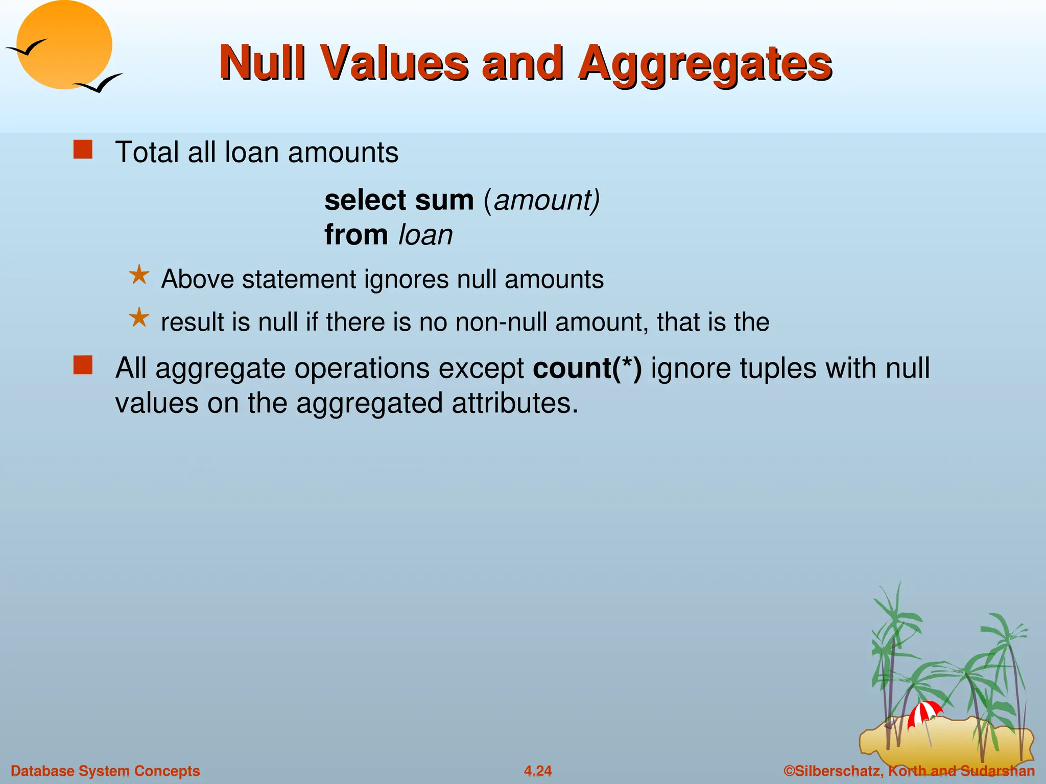 ©Silberschatz, Korth and Sudarshan
4.24
Database System Concepts
Null Values and Aggregates
Null Values and Aggregates
 Total all loan amounts
select sum (amount)
from loan
 Above statement ignores null amounts
 result is null if there is no non-null amount, that is the
 All aggregate operations except count(*) ignore tuples with null
values on the aggregated attributes.
 