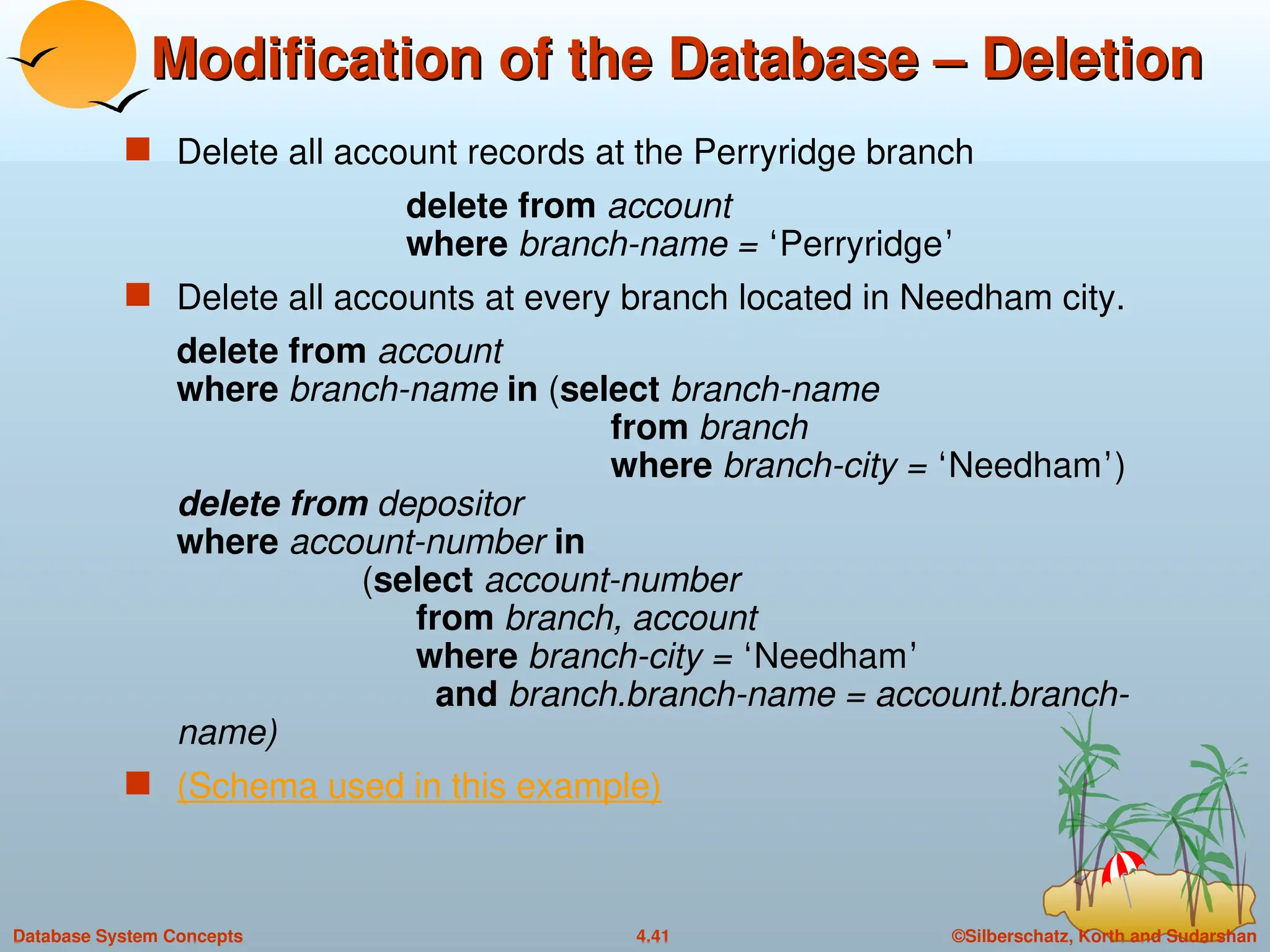 ©Silberschatz, Korth and Sudarshan
4.41
Database System Concepts
Modification of the Database – Deletion
Modification of the Database – Deletion
 Delete all account records at the Perryridge branch
delete from account
where branch-name = ‘Perryridge’
 Delete all accounts at every branch located in Needham city.
delete from account
where branch-name in (select branch-name
from branch
where branch-city = ‘Needham’)
delete from depositor
where account-number in
(select account-number
from branch, account
where branch-city = ‘Needham’
and branch.branch-name = account.branch-
name)
 (Schema used in this example)
 