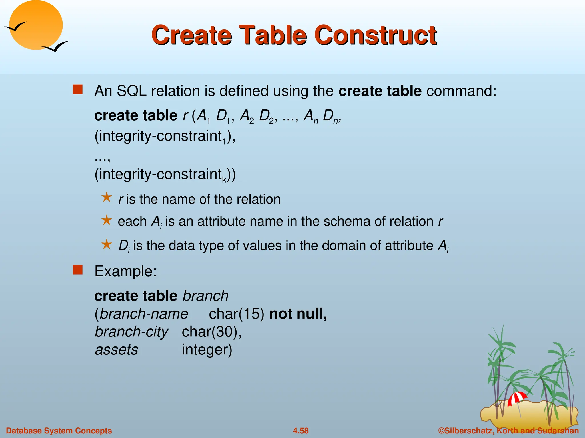 ©Silberschatz, Korth and Sudarshan
4.58
Database System Concepts
Create Table Construct
Create Table Construct
 An SQL relation is defined using the create table command:
create table r (A1 D1, A2 D2, ..., An Dn,
(integrity-constraint1),
...,
(integrity-constraintk))
 r is the name of the relation
 each Ai is an attribute name in the schema of relation r
 Di is the data type of values in the domain of attribute Ai
 Example:
create table branch
(branch-name char(15) not null,
branch-city char(30),
assets integer)
 