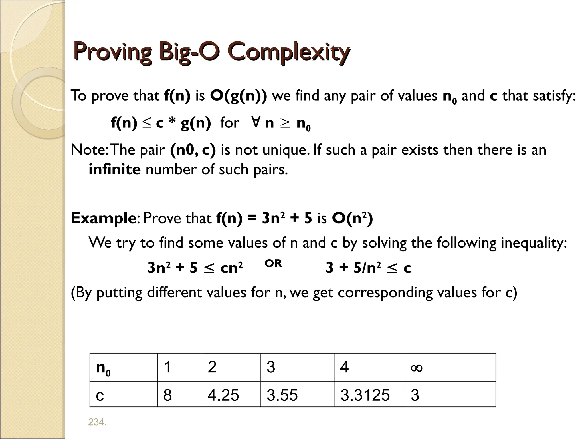 234.
Proving Big-O Complexity
Proving Big-O Complexity
To prove that f(n) is O(g(n)) we find any pair of values n0 and c that satisfy:
f(n) ≤ c * g(n) for  n  n0
Note:The pair (n0, c) is not unique. If such a pair exists then there is an
infinite number of such pairs.
Example: Prove that f(n) = 3n2
+ 5 is O(n2
)
We try to find some values of n and c by solving the following inequality:
3n2
+ 5  cn2 OR
3 + 5/n2
 c
(By putting different values for n, we get corresponding values for c)
n0 1 2 3 4 
c 8 4.25 3.55 3.3125 3
 