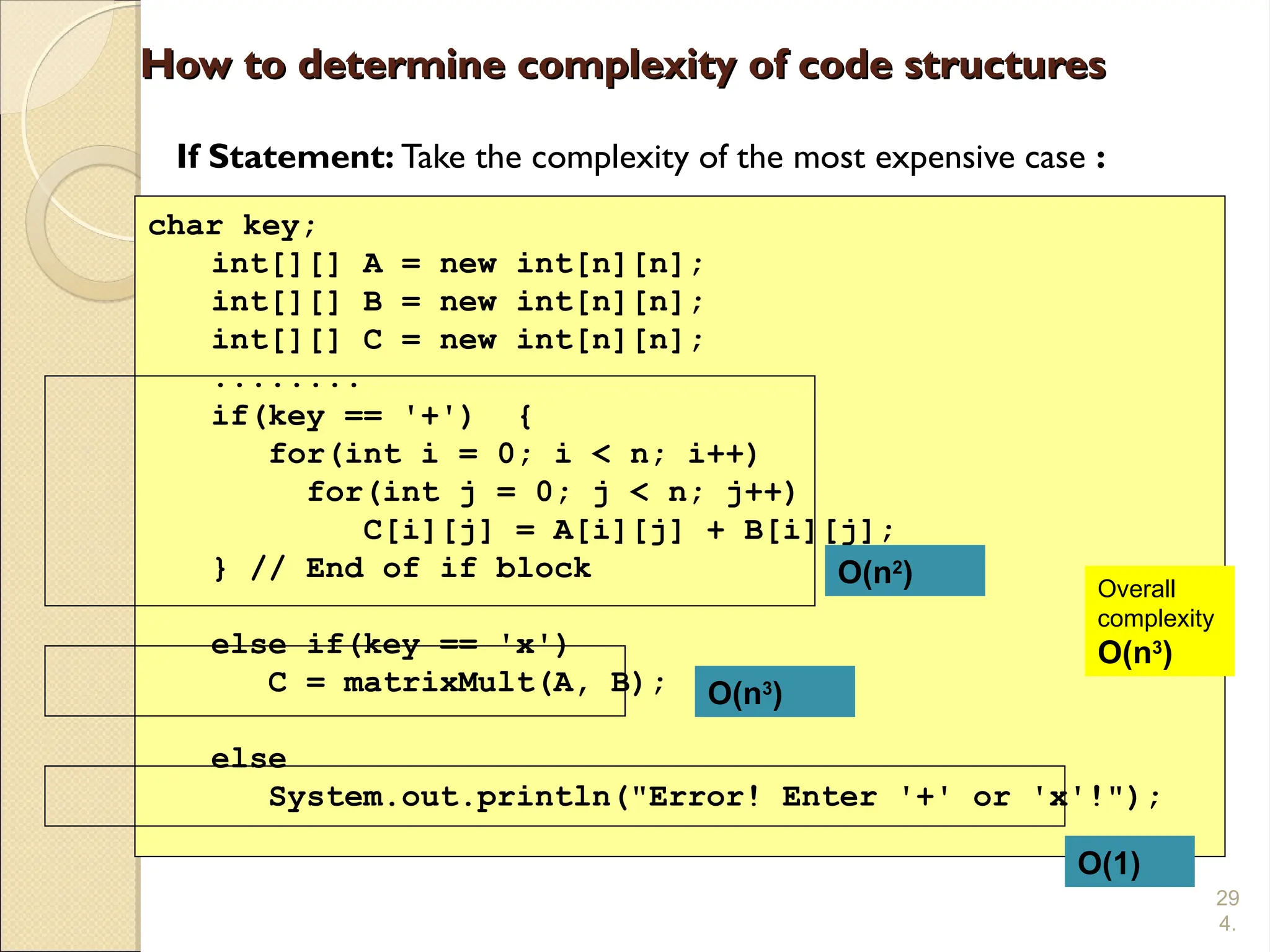 29
4.
char key;
int[][] A = new int[n][n];
int[][] B = new int[n][n];
int[][] C = new int[n][n];
........
if(key == '+') {
for(int i = 0; i < n; i++)
for(int j = 0; j < n; j++)
C[i][j] = A[i][j] + B[i][j];
} // End of if block
else if(key == 'x')
C = matrixMult(A, B);
else
System.out.println("Error! Enter '+' or 'x'!");
If Statement: Take the complexity of the most expensive case :
O(n2
)
O(n3
)
O(1)
How to determine complexity of code structures
How to determine complexity of code structures
Overall
complexity
O(n3
)
 