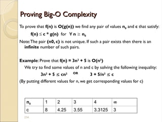 234.
Proving Big-O Complexity
Proving Big-O Complexity
To prove that f(n) is O(g(n)) we find any pair of values n0 and c that satisfy:
f(n) ≤ c * g(n) for  n  n0
Note:The pair (n0, c) is not unique. If such a pair exists then there is an
infinite number of such pairs.
Example: Prove that f(n) = 3n2
+ 5 is O(n2
)
We try to find some values of n and c by solving the following inequality:
3n2
+ 5  cn2 OR
3 + 5/n2
 c
(By putting different values for n, we get corresponding values for c)
n0 1 2 3 4 
c 8 4.25 3.55 3.3125 3
 