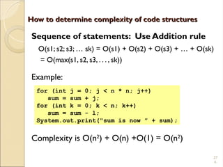 27
4.
How to determine complexity of code structures
How to determine complexity of code structures
Sequence of statements: Use Addition rule
O(s1; s2; s3; … sk) = O(s1) + O(s2) + O(s3) + … + O(sk)
= O(max(s1, s2, s3, . . . , sk))
Example:
Complexity is O(n2
) + O(n) +O(1) = O(n2
)
for (int j = 0; j < n * n; j++)
sum = sum + j;
for (int k = 0; k < n; k++)
sum = sum - l;
System.out.print("sum is now ” + sum);
 