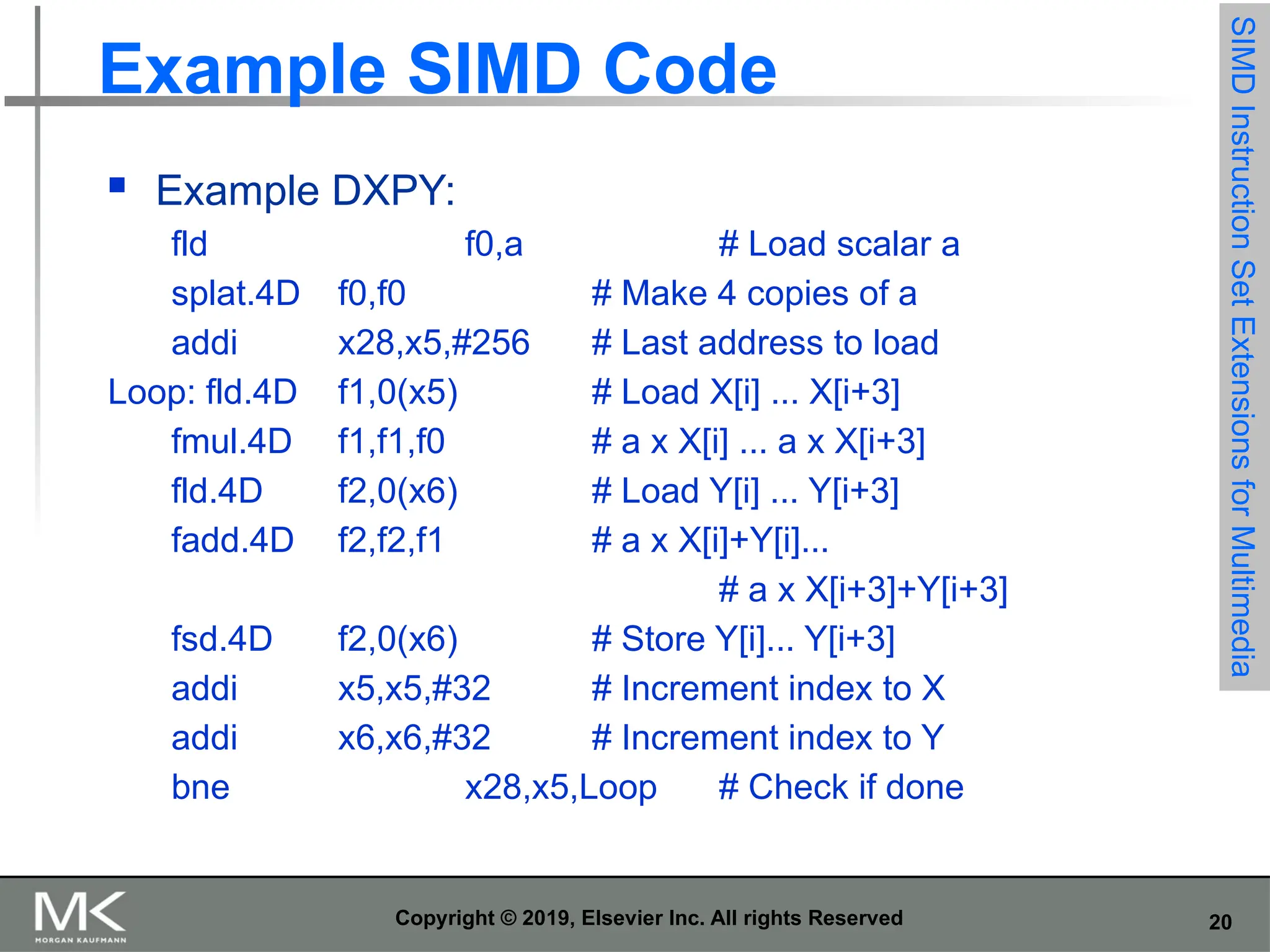 20 Copyright © 2019, Elsevier Inc. All rights Reserved Example SIMD Code  Example DXPY: fld f0,a # Load scalar a splat.4D f0,f0 # Make 4 copies of a addi x28,x5,#256 # Last address to load Loop: fld.4D f1,0(x5) # Load X[i] ... X[i+3] fmul.4D f1,f1,f0 # a x X[i] ... a x X[i+3] fld.4D f2,0(x6) # Load Y[i] ... Y[i+3] fadd.4D f2,f2,f1 # a x X[i]+Y[i]... # a x X[i+3]+Y[i+3] fsd.4D f2,0(x6) # Store Y[i]... Y[i+3] addi x5,x5,#32 # Increment index to X addi x6,x6,#32 # Increment index to Y bne x28,x5,Loop # Check if done SIMD Instruction Set Extensions for Multimedia 