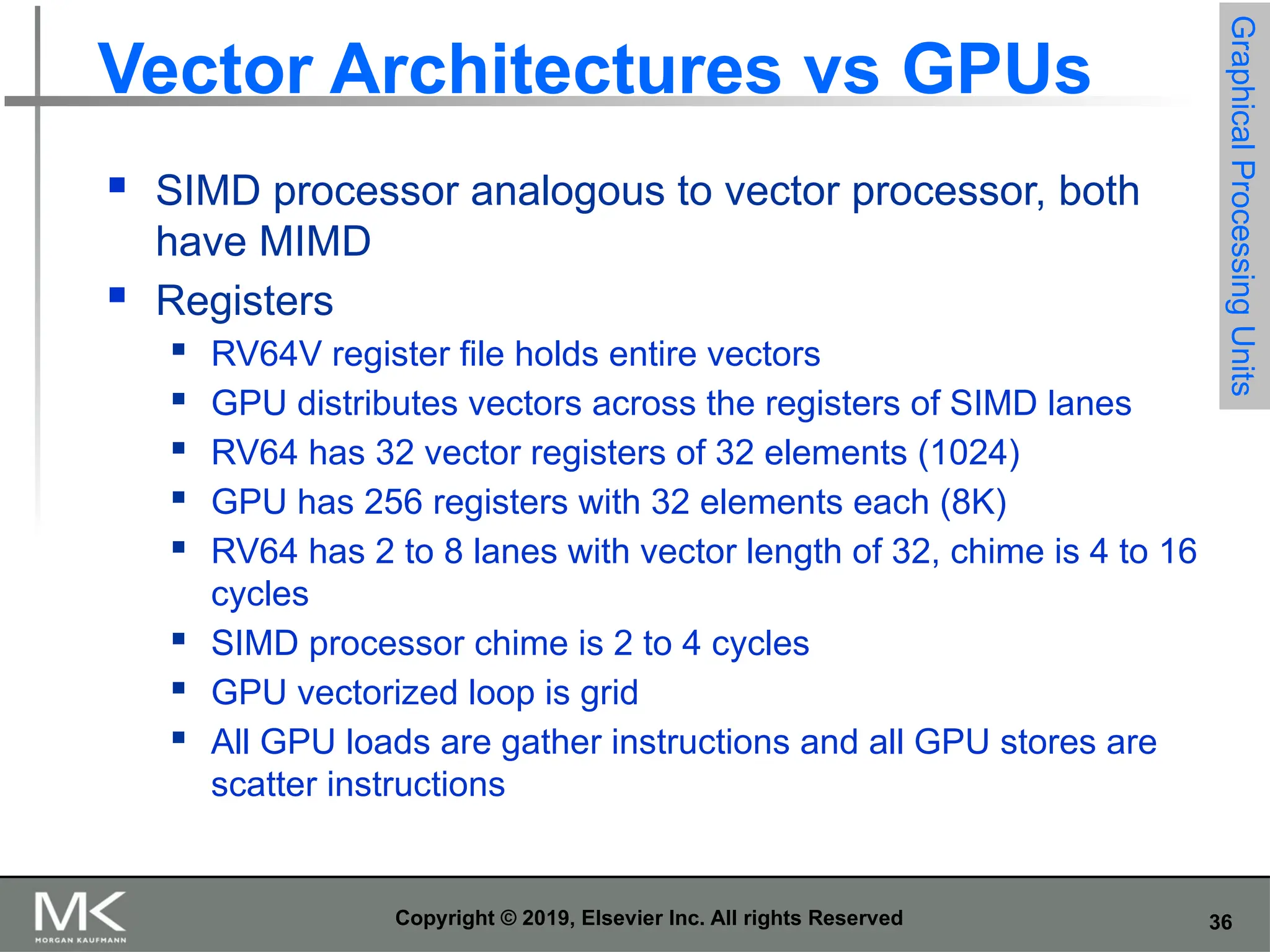 36 Copyright © 2019, Elsevier Inc. All rights Reserved Vector Architectures vs GPUs  SIMD processor analogous to vector processor, both have MIMD  Registers  RV64V register file holds entire vectors  GPU distributes vectors across the registers of SIMD lanes  RV64 has 32 vector registers of 32 elements (1024)  GPU has 256 registers with 32 elements each (8K)  RV64 has 2 to 8 lanes with vector length of 32, chime is 4 to 16 cycles  SIMD processor chime is 2 to 4 cycles  GPU vectorized loop is grid  All GPU loads are gather instructions and all GPU stores are scatter instructions Graphical Processing Units 