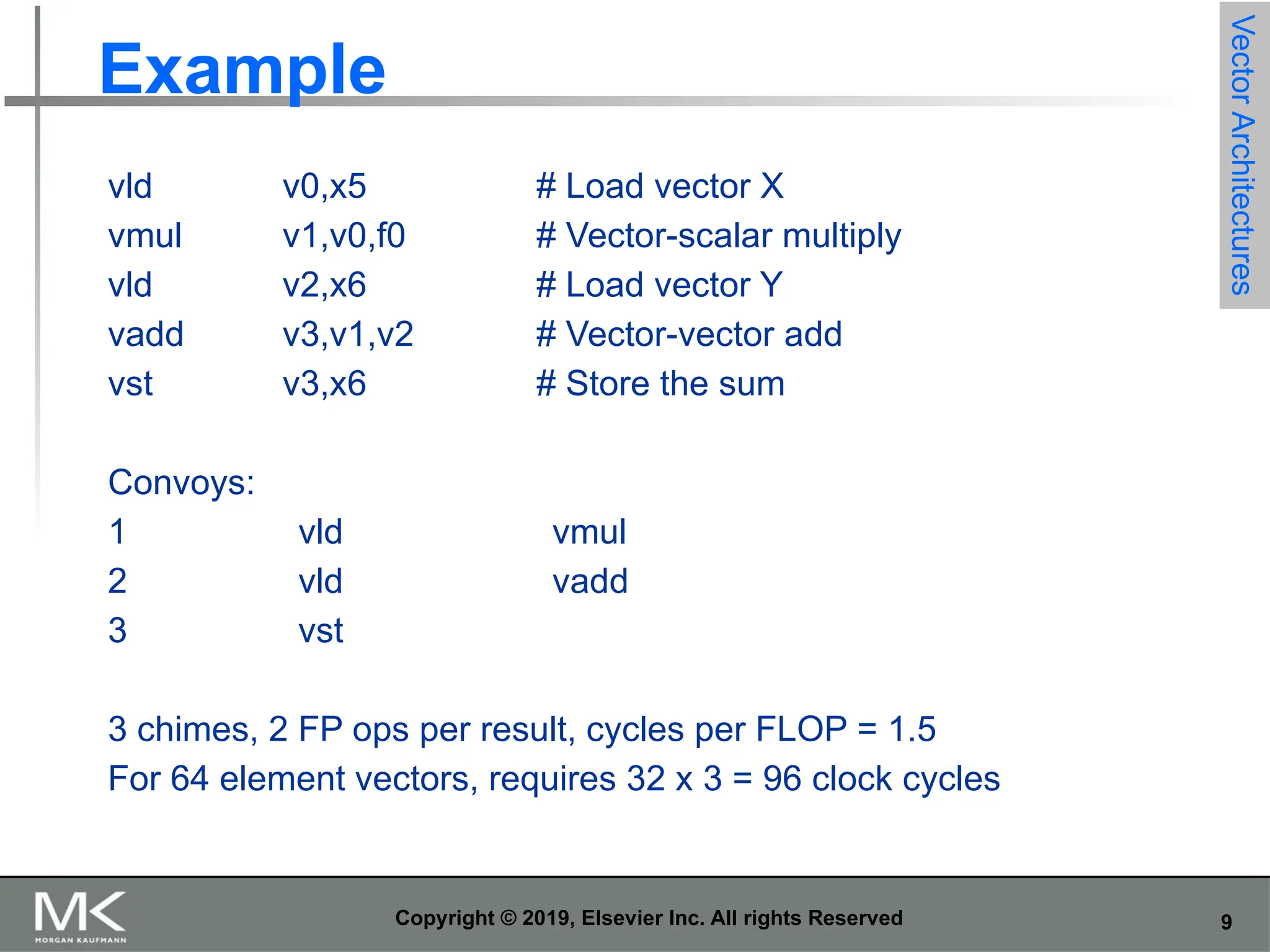 9 Copyright © 2019, Elsevier Inc. All rights Reserved Example vld v0,x5 # Load vector X vmul v1,v0,f0 # Vector-scalar multiply vld v2,x6 # Load vector Y vadd v3,v1,v2 # Vector-vector add vst v3,x6 # Store the sum Convoys: 1 vld vmul 2 vld vadd 3 vst 3 chimes, 2 FP ops per result, cycles per FLOP = 1.5 For 64 element vectors, requires 32 x 3 = 96 clock cycles Vector Architectures 
