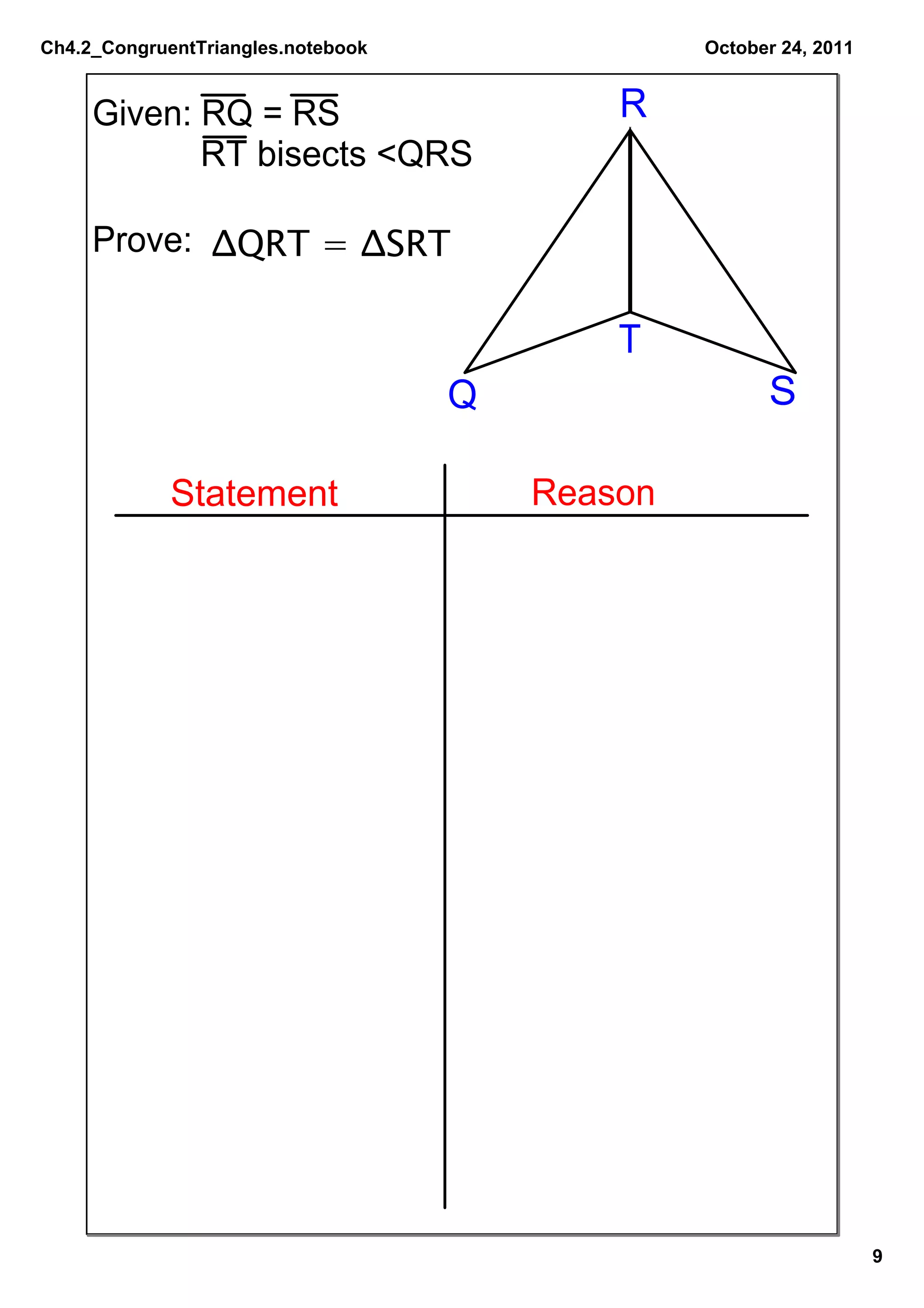 Ch4.2_CongruentTriangles.notebook                October 24, 2011


     Given: RQ = RS                         R
            RT bisects <QRS

     Prove:  ΔQRT = ΔSRT

                                            T
                                    Q                  S

             Statement                  Reason




                                                                    9
 