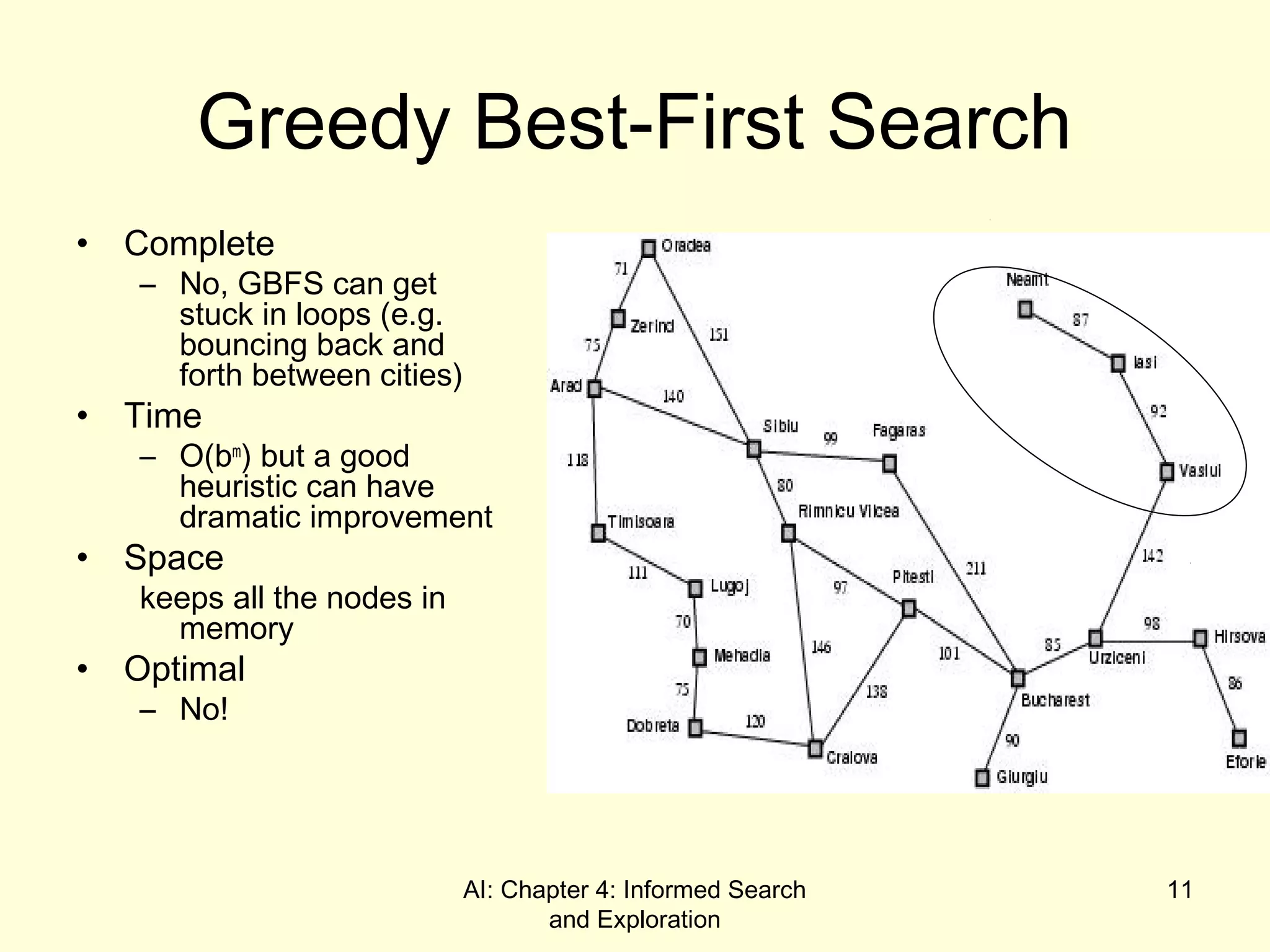 AI: Chapter 4: Informed Search
and Exploration
11
Greedy Best-First Search
• Complete
– No, GBFS can get
stuck in loops (e.g.
bouncing back and
forth between cities)
• Time
– O(bm
) but a good
heuristic can have
dramatic improvement
• Space
keeps all the nodes in
memory
• Optimal
– No!
 