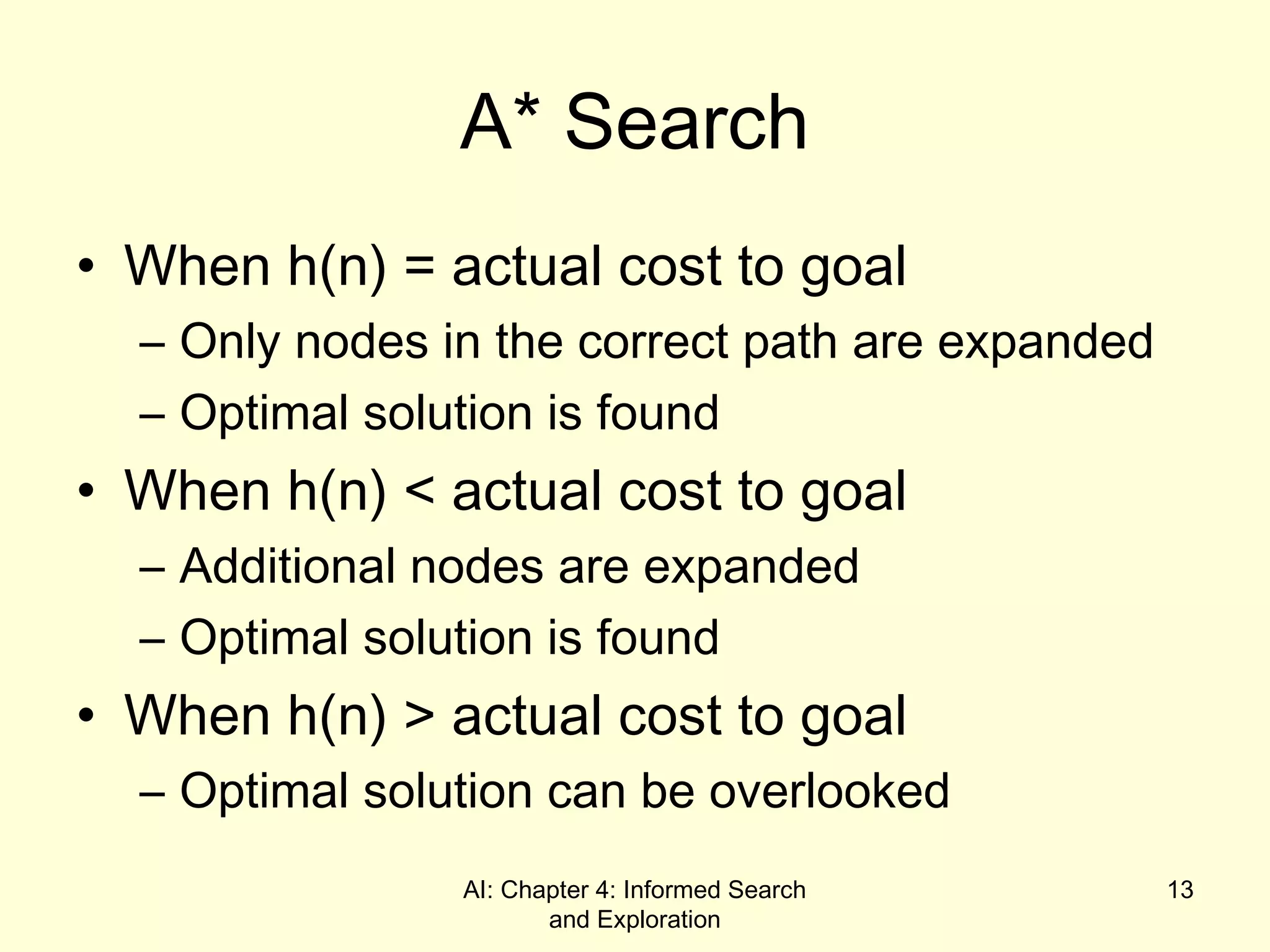 AI: Chapter 4: Informed Search
and Exploration
13
A* Search
• When h(n) = actual cost to goal
– Only nodes in the correct path are expanded
– Optimal solution is found
• When h(n) < actual cost to goal
– Additional nodes are expanded
– Optimal solution is found
• When h(n) > actual cost to goal
– Optimal solution can be overlooked
 