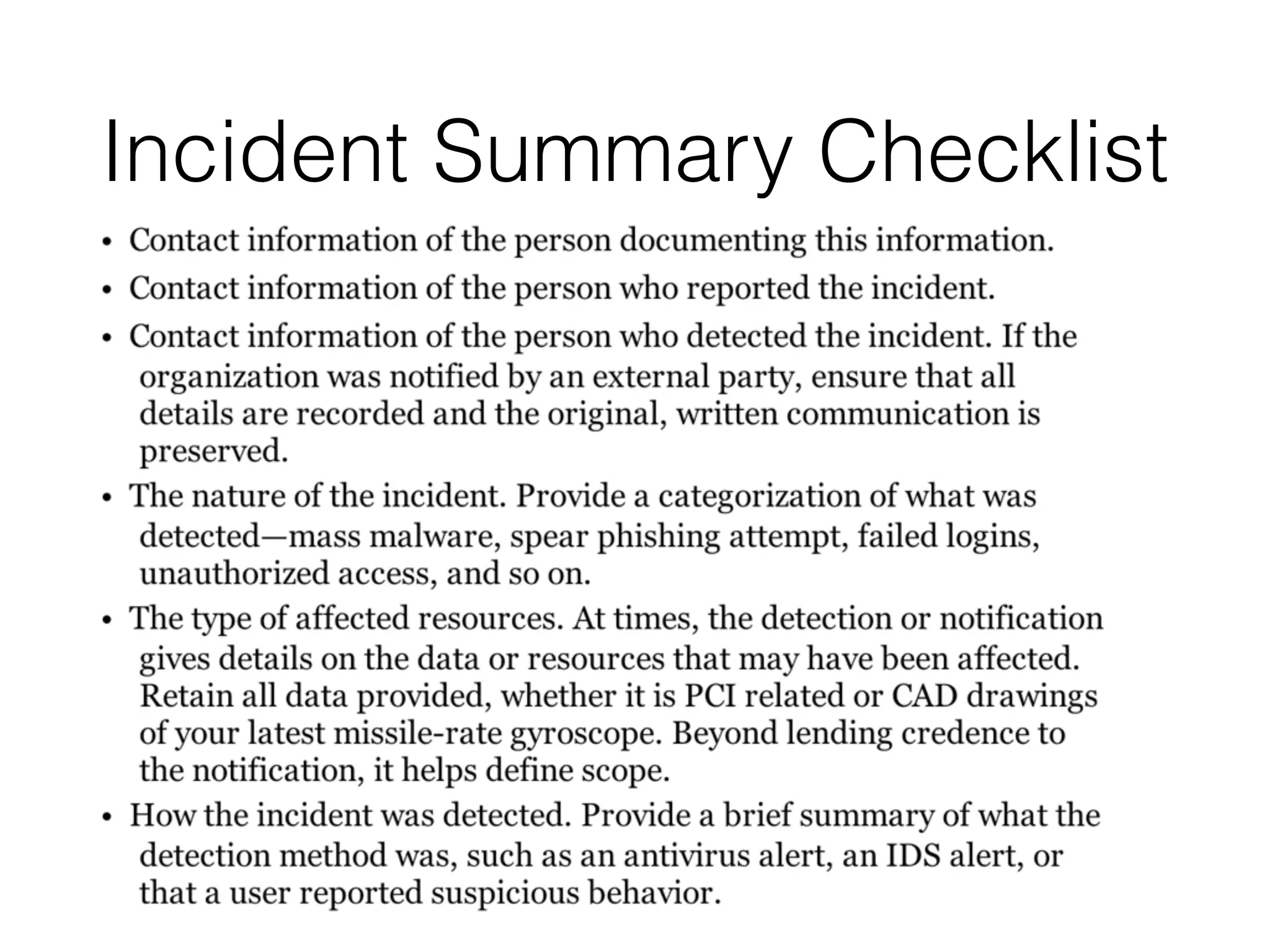 Incident Summary Checklist
 