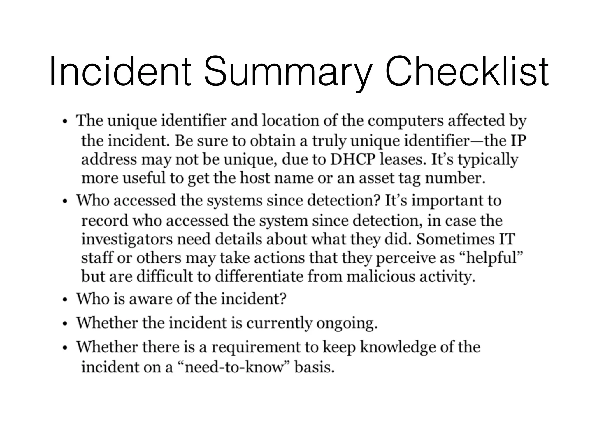 Incident Summary Checklist
 