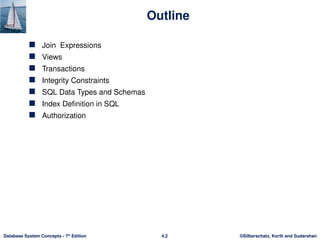 ©Silberschatz, Korth and Sudarshan
4.2
Database System Concepts - 7th
Edition
Outline
 Join Expressions
 Views
 Transactions
 Integrity Constraints
 SQL Data Types and Schemas
 Index Definition in SQL
 Authorization
 