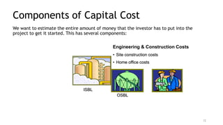 Components of Capital Cost
We want to estimate the entire amount of money that the investor has to put into the
project to get it started. This has several components:
ISBL
OSBL
Engineering & Construction Costs
• Site construction costs
• Home office costs
12
 