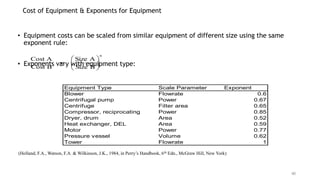 Cost of Equipment & Exponents for Equipment
• Equipment costs can be scaled from similar equipment of different size using the same
exponent rule:
• Exponents vary with equipment type:
n
B
Size
A
Size
B
Cost
A
Cost









Equipment Type Scale Parameter Exponent
Blower Flowrate 0.6
Centrifugal pump Power 0.67
Centrifuge Filter area 0.65
Compressor, reciprocating Power 0.85
Dryer, drum Area 0.52
Heat exchanger, DEL Area 0.59
Motor Power 0.77
Pressure vessel Volume 0.62
Tower Flowrate 1
(Holland, F.A., Watson, F.A. & Wilkinson, J.K., 1984, in Perry’s Handbook, 6th Edn., McGraw Hill, New York)
40
 