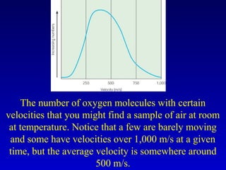 The number of oxygen molecules with certain
velocities that you might find a sample of air at room
at temperature. Notice that a few are barely moving
and some have velocities over 1,000 m/s at a given
time, but the average velocity is somewhere around
500 m/s.
 