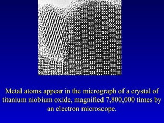 Metal atoms appear in the micrograph of a crystal of
titanium niobium oxide, magnified 7,800,000 times by
an electron microscope.
 