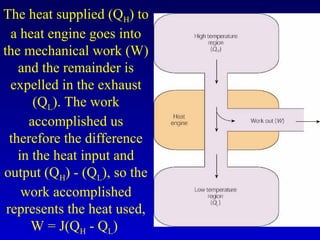The heat supplied (QH) to
a heat engine goes into
the mechanical work (W)
and the remainder is
expelled in the exhaust
(QL). The work
accomplished us
therefore the difference
in the heat input and
output (QH) - (QL), so the
work accomplished
represents the heat used,
W = J(QH - QL)
 