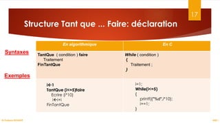Structure Tant que ... Faire: déclaration
17
ASD I
En algorithmique En C
TantQue ( condition ) faire
Traitement
FinTantQue
While ( condition )
{
Traitement ;
}
Dr.Fadoua BOUAFIF
Syntaxes
Exemples
i1
TantQue (i<=5)faire
Ecrire (i*10)
ii+i
FinTantQue
i=1;
While(i<=5)
{
printf(("%d",i*10);
i+=1;
}
 