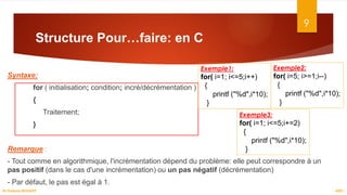 Structure Pour…faire: en C
Syntaxe:
for ( initialisation; condition; incré/décrémentation )
{
Traitement;
}
Remarque :
- Tout comme en algorithmique, l'incrémentation dépend du problème: elle peut correspondre à un
pas positif (dans le cas d'une incrémentation) ou un pas négatif (décrémentation)
- Par défaut, le pas est égal à 1.
9
ASD I
Dr.Fadoua BOUAFIF
Exemple1:
for( i=1; i<=5;i++)
{
printf ("%d",i*10);
}
Exemple2:
for( i=5; i>=1;i--)
{
printf ("%d",i*10);
}
Exemple3:
for( i=1; i<=5;i+=2)
{
printf ("%d",i*10);
}
 